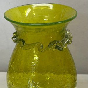 Crackle Glass Yellow Vase with Trim 5 Inches H